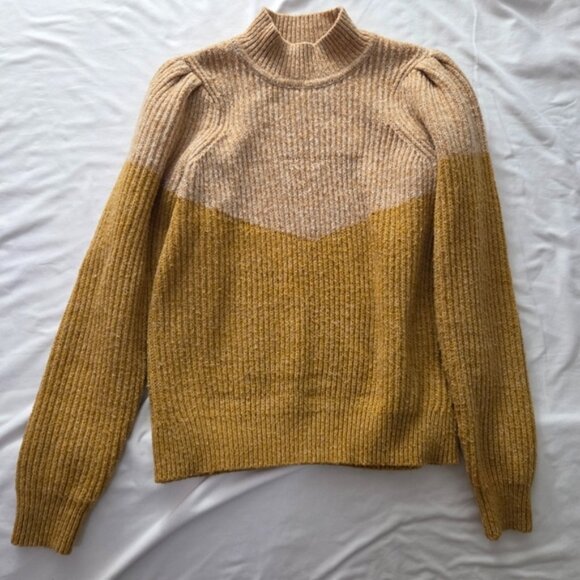 Vero Moda Color Block Puff Sleeve Mock Neck Sweater Yellow Tan M - Picture 1 of 6